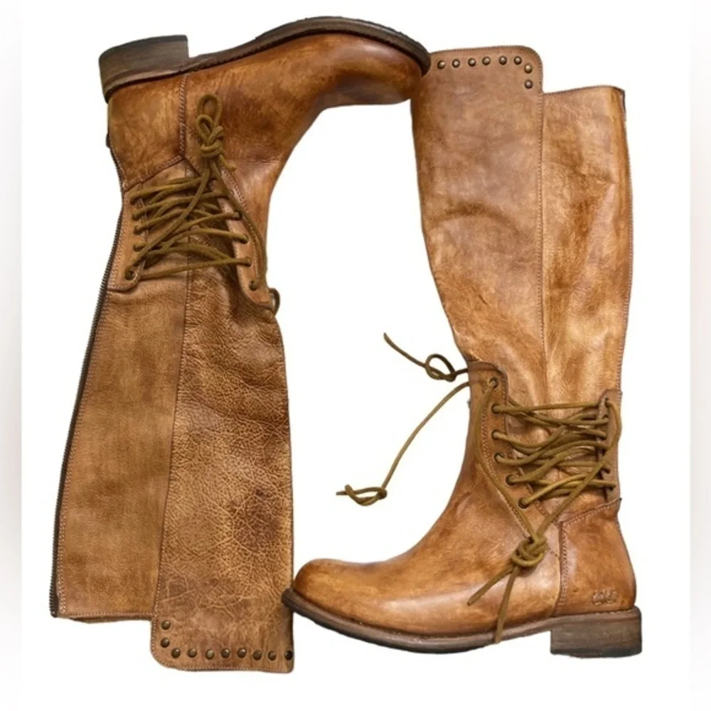 BED|STU tall boots weathered brown leather with studs AMAZING